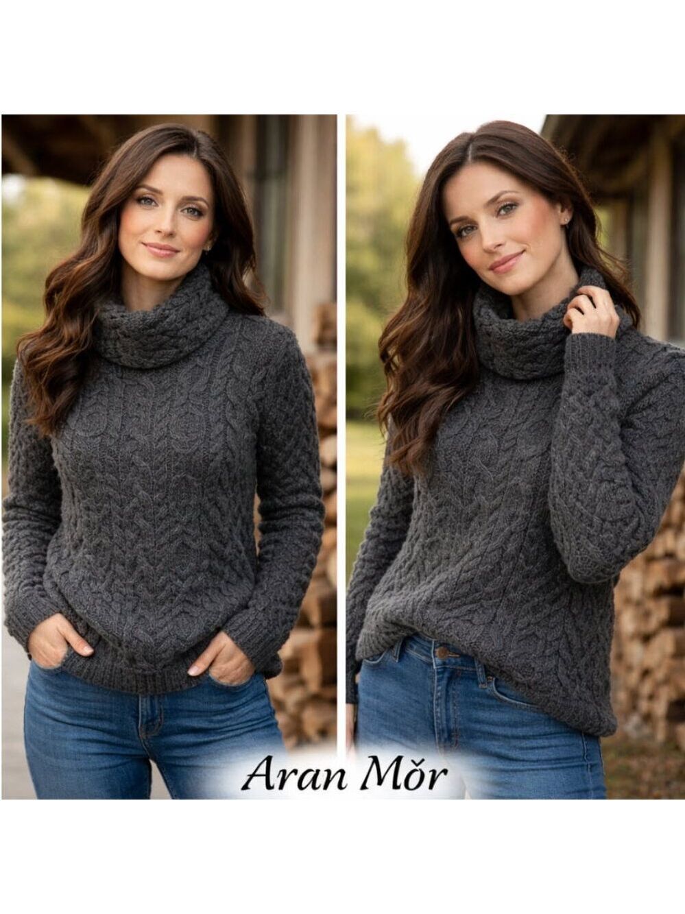Aran Mór Grey Merino Wool Cable Cowl Turtleneck Sweater size medium